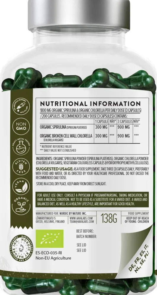 Aavalabs Spirulina & Chlorella Komplex Vegan 200 Kapseln