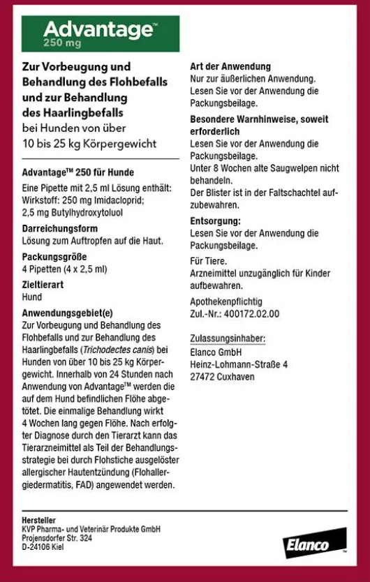 Advantage 250 Lösung für Hunde 10 - 25 kg 4 Einzeldosispipetten
