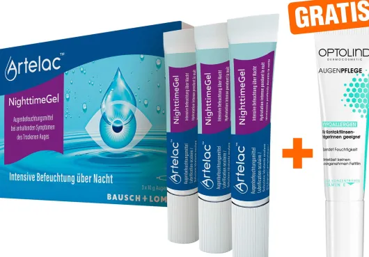 Artelac Nighttime 3x10g Augengel + gratis Optolind Empfindl. Haut Augenpflege 15 ml