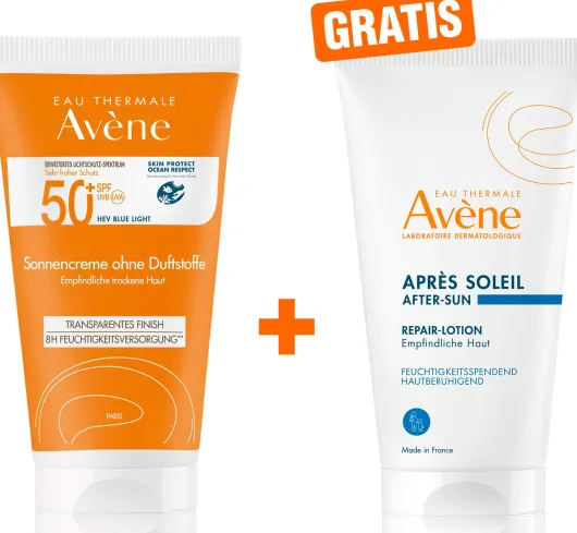 Avene Sonnencreme SPF 50+ ohne Duftstoffe 50 ml + gratis Repair - Lotion nach der Sonne 50 ml