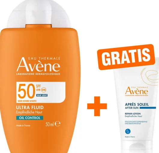 Avene Ultra Fluid Oil Control SPF 50 50 ml + gratis Repair-Lotion nach der Sonne 50 ml