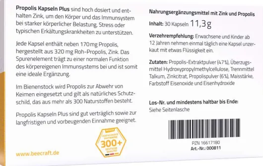 Beecraft Propolis Kapseln Plus 10 mg Zink 30 Stück