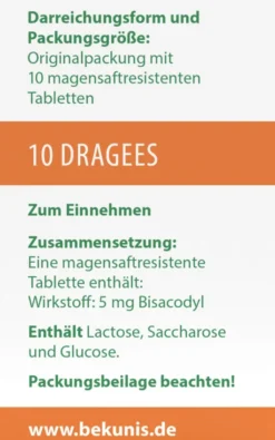 Bekunis Dragees Bisacodyl 5 mg 10 Magensaftresistente Tabl.