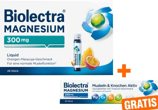 Biolectra Magnesium 300 mg Liquid 28 Trinkfläschchen + gratis Biolectra Magnesium 250 mg Aktiv 30 Kautabletten