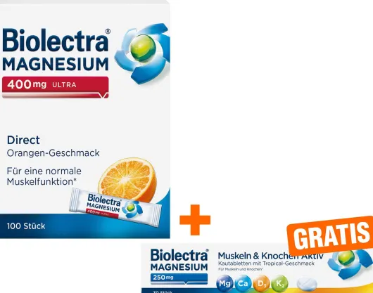Biolectra Magnesium 400 mg ultra Direct Orangengeschmack 100 Pellets + gratis Magnesium 250 mg 30 Kautabletten