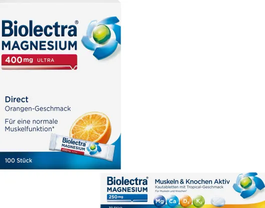 Biolectra Magnesium 400 mg ultra Direct Orangengeschmack 100 Pellets + gratis Magnesium 250 mg 30 Kautabletten