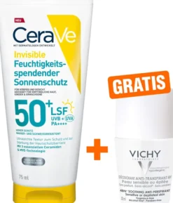CeraVe Feuchtigkeitsspendender Sonnenschutz LSF 50+ 75ml + gratis Vichy Deo Roll-on Anti Flecken 48h 50 ml