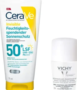 CeraVe Feuchtigkeitsspendender Sonnenschutz LSF 50+ 75ml + gratis Vichy Deo Roll-on Anti Flecken 48h 50 ml