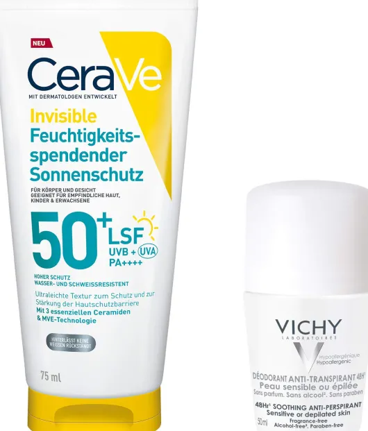 CeraVe Feuchtigkeitsspendender Sonnenschutz LSF 50+ 75ml + gratis Vichy Deo Roll-on Anti Flecken 48h 50 ml