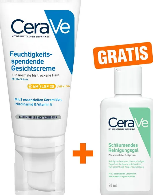 CeraVe Feuchtigkeitsspendende Gesichtscreme LSF 30 52 ml + gratis Schäumendes Reinigungsgel 20 ml