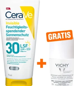 CeraVe Invisible Feuchtigkeitsspendender Sonnenschutz LSF 30 75 ml + gratis Vichy Deo Roll-on Anti Flecken 48h 50 ml