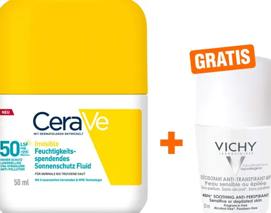 CeraVe Invisible Feuchtigkeitsspendendes Sonnenschutz Fluid LSF50 50 ml + gratis Vichy Deo Roll-on 48h 50 ml