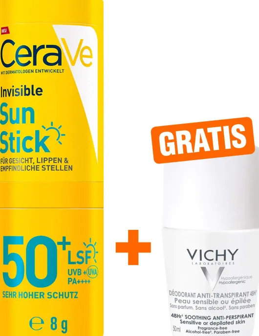 CeraVe Invisible Sun Stick SPF 50+ 8 g + gratis Vichy Deo Roll-on Anti Flecken 48h 50 ml