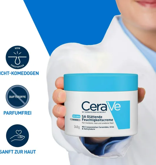 CeraVe SA Urea Glättende Feuchtigkeitscreme 340 g + gratis Feuchtigkeitsspendende Reinigungslotion 20 ml
