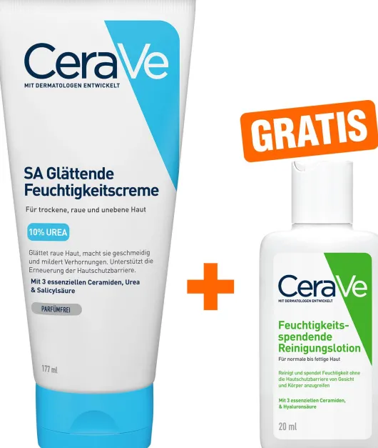 CeraVe SA Urea Glättende Feuchtigkeitscreme 177 ml + gratis Feuchtigkeitsspendende Reinigungslotion 20 ml