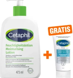 Cetaphil Feuchtigkeitslotion 473 ml + gratis Cetaphil Pro Itch Control Repair sensitive Regenerierende Handcreme 50 ml