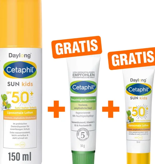 Cetaphil Sun Daylong Kids SPF 50+ liposomale Lotion 150 ml + gratis Feuchtigkeitslotion 14 g + gratis Lotion 10 ml