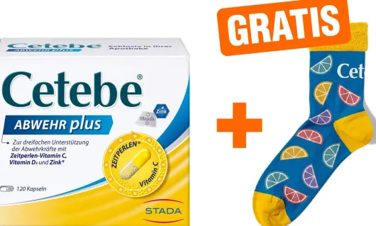 Cetebe Abwehr plus Vitamin C + Vitamin D3 + Zink 120 Kapseln + gratis Kuschelsocken