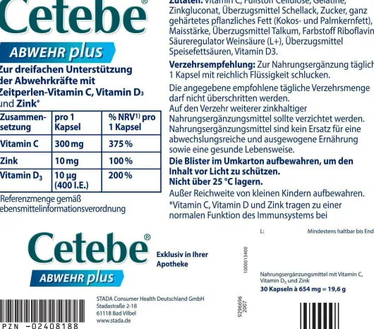 Cetebe Abwehr plus Vitamin C+Vitamin D3+ Zink 60 Kapseln