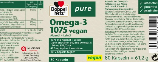 Doppelherz pure Omega3 1075 Vegan 80 Kapseln