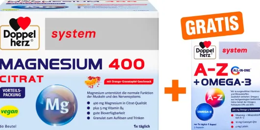Doppelherz system Magnesium 400 Citrat Granulat 60 Beutel + gratis Doppelherz system Omega-3 Konzentrat 5 Kapseln