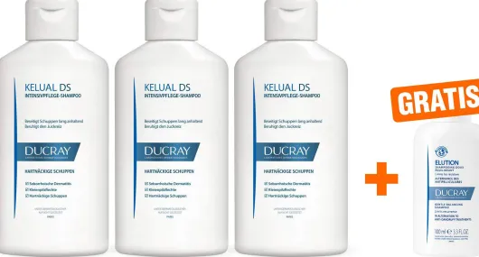 Ducray Kelual DS Shampoo 3 x 100 ml + gratis Elution ausgl. Shampoo 100 ml