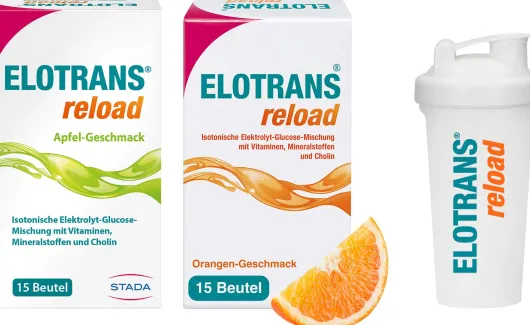 Elotrans reload Apfel 15 Beutel + Elotrans reload 15 Beutel + gratis Elorans reload Shaker 1 Stück