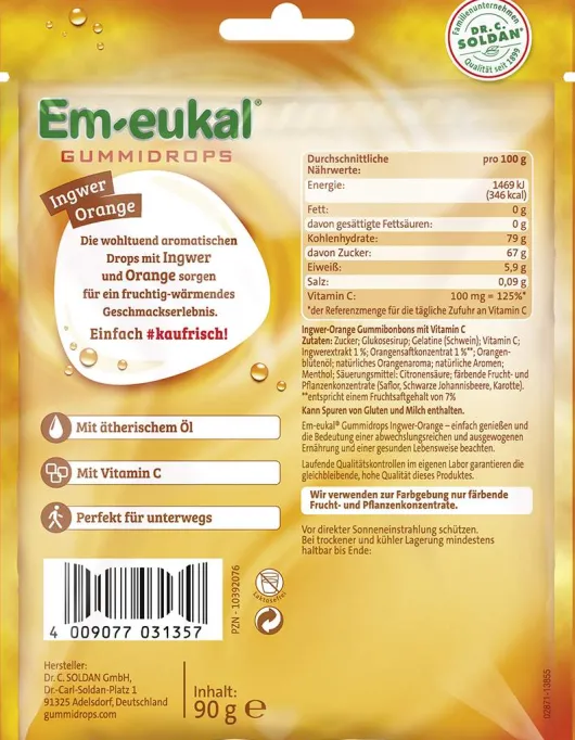 Em Eukal 90 G Gummidrops Ingwer Orange Zuckerhaltig