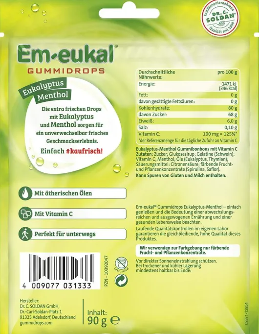 Em Eukal Gummidrops Eukalyptus - Menthol Zuckerhaltig 90 G Bonbons