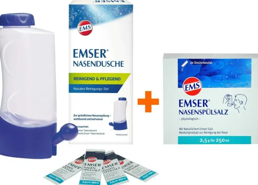 Emser Nasendusche mit 4 Beuteln Nasenspülsalz + Emser Nasenspülsalz physiologisch 20 Beutel Pulver