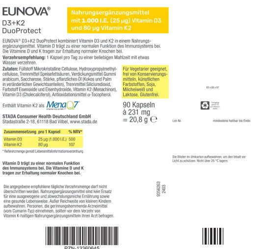 Eunova DuoProtect D3 + K2 1000 I.E. 90 Kapseln