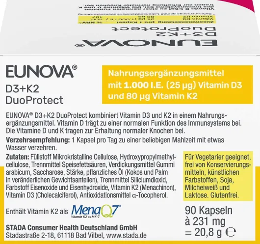 Eunova DuoProtect D3 + K2 1000 I.E. 90 Kapseln