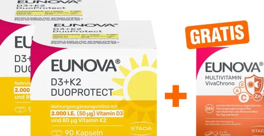 Eunova DuoProtect D3 + K2 2000 I.E. 2 x 90 Kapseln + gratis Eunova VivaChrono 2 x 10 Tabletten