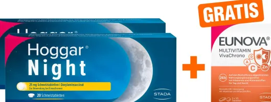 Hoggar Night 25 mg 2 x 20 Schmelztabletten + gratis Eunova VivaChrono 2 x 10 Tabletten