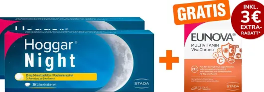 Hoggar Night 25 mg 2 x 20 Schmelztabletten + gratis Eunova VivaChrono 2 x 10 Tabletten