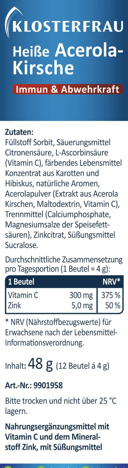 Klosterfrau Heiße Acerola-Kirsche Zuckerfrei 12 Beutel