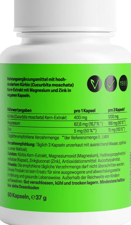 Kürbiskern Plus Zink und Magnesium Kapseln 400 mg 60 Stück
