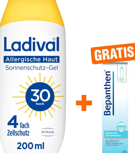 Ladival Sonnenschutz Gel Allergische Haut LSF 30 200 ml Gel + Bepanthen 75 ml kühlendes Schaumspray