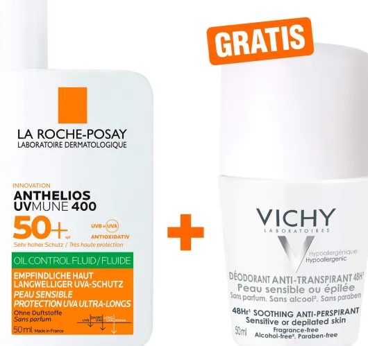 La Roche Posay Anthelios Oil Control Fluid UV Mune 400 LSF 50+ 50 ml + gratis Vichy Deo Roll-on Anti Flecken 48h 50 ml