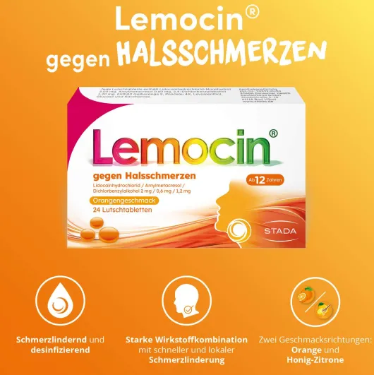 Lemocin gegen Halsschmerzen mit Orangengeschmack 24 Lutschtabletten