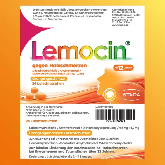 Lemocin gegen Halsschmerzen mit Orangengeschmack 24 Lutschtabletten