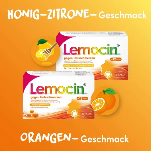 Lemocin gegen Halsschmerzen mit Orangengeschmack 24 Lutschtabletten