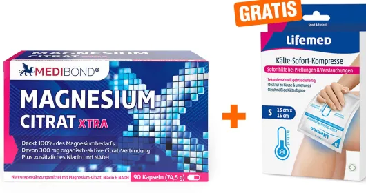 Magnesium Citrat XTRA Medibond 90 Kapseln + gratis Sofort Kühl Kompresse 1 Stück