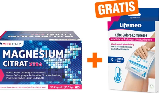 Magnesium Citrat XTRA Medibond 90 Kapseln + gratis Sofort Kühl Kompresse 1 Stück