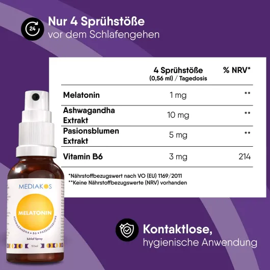 Melatonin Ashwaganda Mediakos Schlaf Spray Vegan 50 ml
