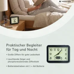 Nachleuchtender Wecker schwarz mit Temperaturanzeiger rechteckig