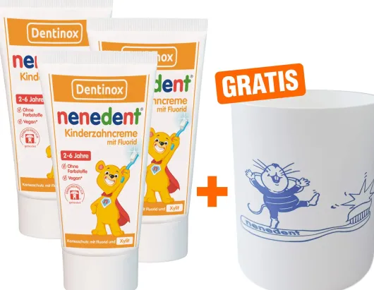 Nenedent Zahncreme m.Fluorid 3 x 50 ml 2 bis 6 Jahre + gratis Zahnputzbecher 1 Stück