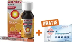 Nurofen Junior Fieber- & Schmerzsaft Erdbeer 40mg pro ml 100 ml + Sagrotan 2 in 1 Desinfektionstücher 15 Stück