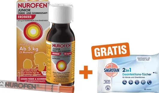 Nurofen Junior Fieber- & Schmerzsaft Erdbeer 40mg pro ml 100 ml + Sagrotan 2 in 1 Desinfektionstücher 15 Stück