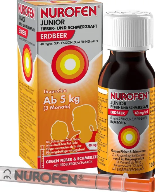 Nurofen Junior Fieber- & Schmerzsaft Erdbeer 40 mg pro ml 100 ml Suspension